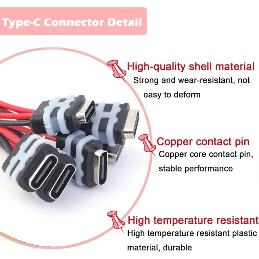 Wasserdichte USB-C-Stromversorgungsbuchse mit Kabel, 2-polig, 5 V, 3 A, Schwarz - Bild 4