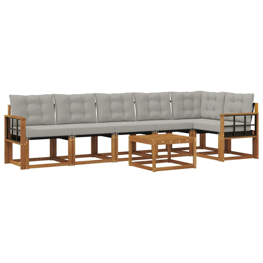 vidaXL Outdoor-Sofagarnitur 7-teilig aus Akazienholz und Textilene in L-Form mit Kissen, Farbe: Natur und Grau - Bild 2
