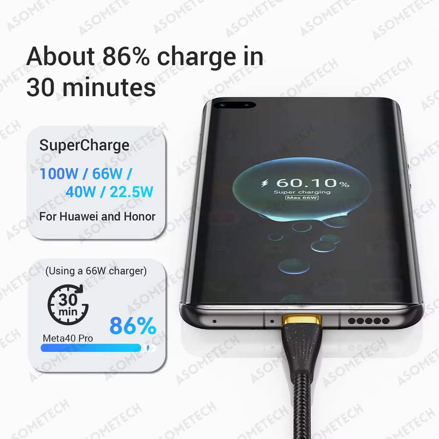 ASOMETECH 3-in-1 USB-Ladekabel mit 100 W und 6 A, Schwarz, kompatibel mit Micro-USB und USB-C für iPhone, Samsung und Huawei/Honor - Bild 3