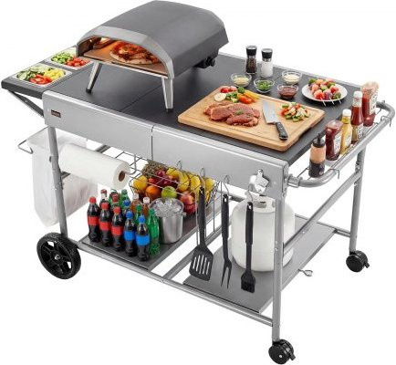 VEVOR Outdoor Grillwagen aus Edelstahl in Silber und Grau mit Rollen, Gewürzbehältern und Haken, Mobiler Grilltisch für Garten und Picknick - Bild 1