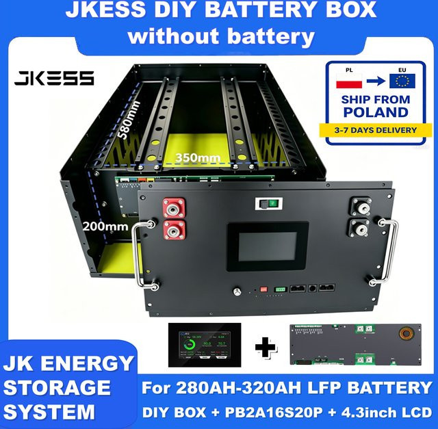 JKESS DIY BOX JK Wechselrichter BMS PB2A16S20P V19 mit 4.3 LCD 16S 48V 15KWH LiFePO4 Batteriebox für EVE CATL 280 310AH Solar-Heimenergiesystem in Schwarz und Multicolour - Bild 1