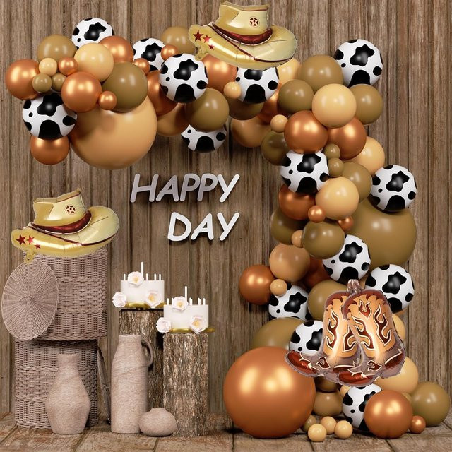 Globos Home Deco 124-teiliges Western-Cowboy-Ballonbogen-Set mit Kuh-Aufdruck in Mehrfarbig für Bauernhof-Babyparty und Rodeo-Geburtstagdeko - Bild 1