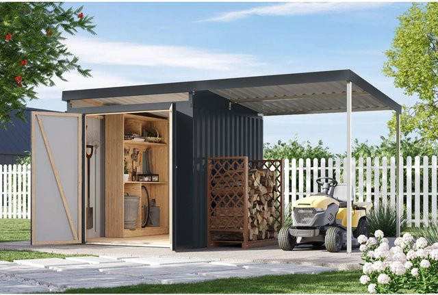 Karibu Metallgerätehaus Neos 2 mit Anbaudach in Anthrazit - Bild 1