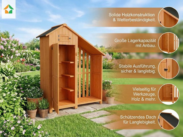 Werkzeugschrank aus Tannenholz mit Anbau von Prestige Home Living Outdoor, Braun/Grau, B/T/H: 131 x 54 x 180 cm - Bild 1