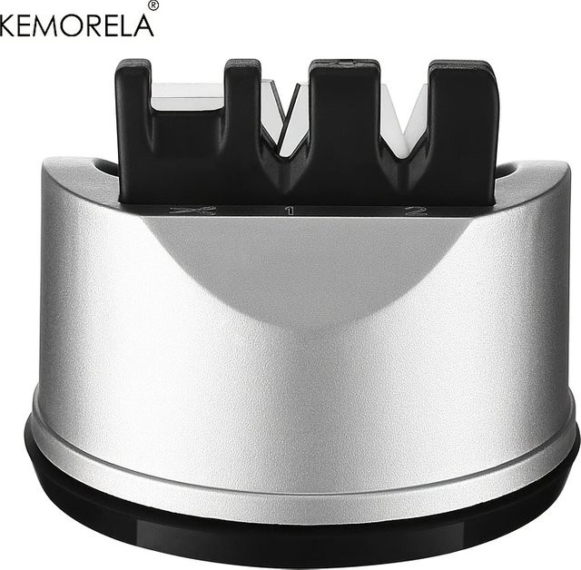 KEMORELA 2/3-in-1 Edelstahl-Messerschärfer in Silber mit beidseitiger V-Kante und Saugnapf-Basis für Küchen- und Outdoor-Messer - Bild 1
