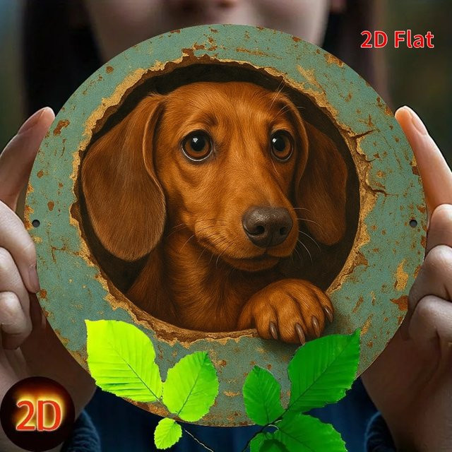 Potdemiel Rundes Metallschild Vintage Dackel Peeking from Hole Durchmesser: 20 cm, Farbe: Braun - Bild 1