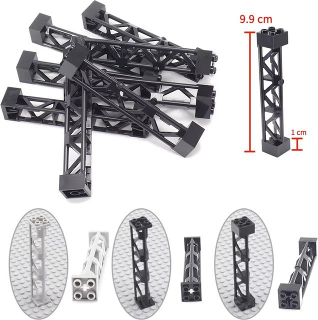 10 Stück Eisenbahngleis-Stützträger von wishiot in Schwarz, dreieckige Säulen-Zuggleis-Zubehörteile aus Kunststoff, kompatibel mit MOC-Steinen 58827 und 95347 - Bild 1