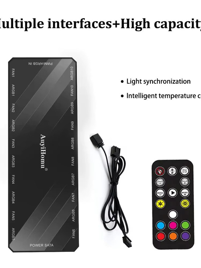 AuyiHomu 10-Port PWM ARGB Lüfter-Hub mit Fernbedienung und magnetischer Halterung in Schwarz mit SATA-Stromversorgung zur PC-Lüftersteuerung und ARGB-Lichtsynchronisation - Bild 5