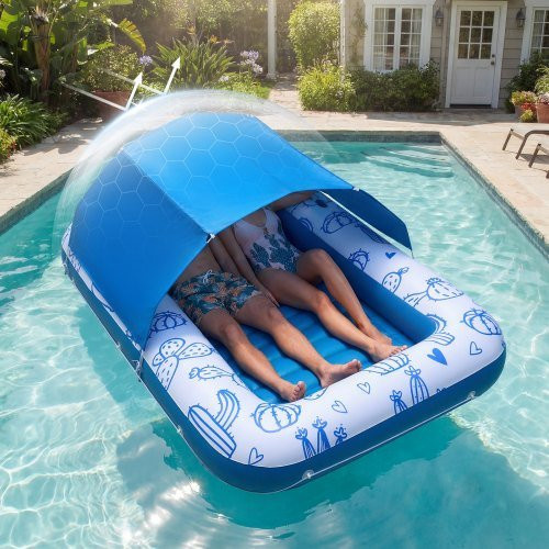 VEVOR Aufblasbare Pool-Liege mit UPF 50+ Sonnendach, große Sonnenliege für Erwachsene mit Kissen, Handy- und Getränkehalter, Tragkraft 250 kg, B/T: 2,09 x 1,4 m - Bild 1