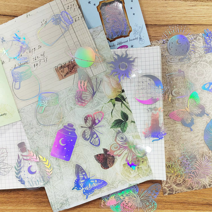 50 Stück Holografische Laser Sticker Transparent Retro DIY Deko Set Multicolour - Bild 4