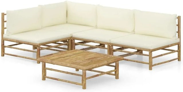 vidaXL 5-tlg. Garten-Lounge-Set aus Bambus mit cremeweißen Kissen in L-Form - Bild 1