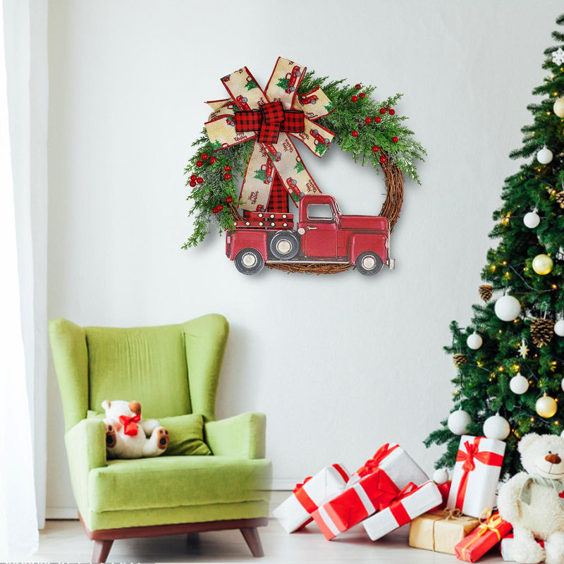 TOMTOP JMS Künstlicher Weihnachtskranz mit rotem Lastwagen in Landhaus-Stil, Rot, Durchmesser: 30 cm - Bild 8
