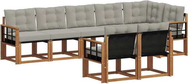 vidaXL Outdoor-Sofagarnitur 8-teilig aus Akazienholz und Textilene in Grau und Natur mit Kissen - Bild 1