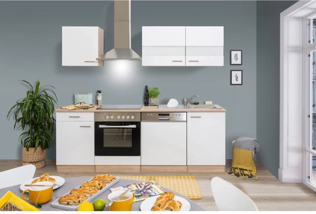 Respekta Küchenzeile KB220ESWC in Weiß-Eiche Sägerau Nachbildung Glänzend mit Glastüren und Soft-Close-Funktion, Breite: 220 cm, Tiefe: 60 cm - Bild 1