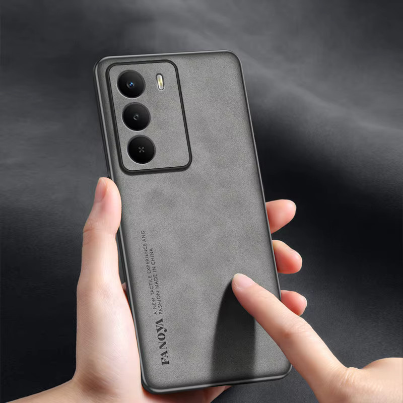 EUCAGR Luxus Handyhülle aus Schaffell und PU Leder für Realme C71 in Grau mit Standfunktion - Bild 2