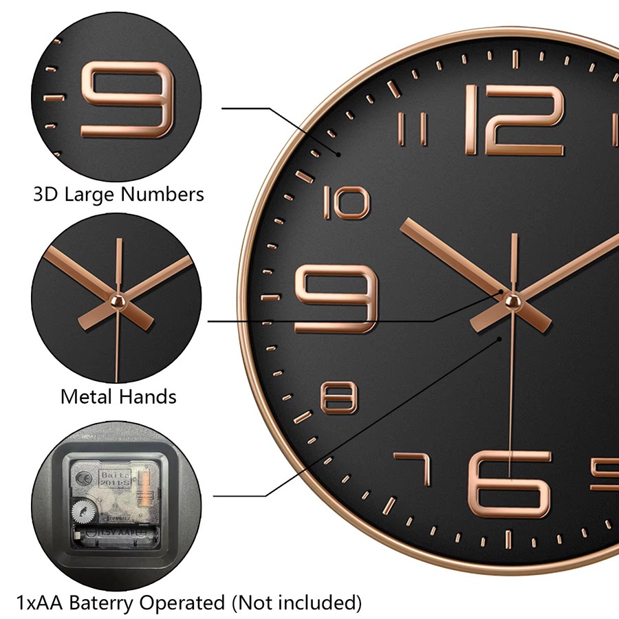 P.chuang Moderne Digitale Wanduhr aus Quarz, Geräuschlose Kubische Wanduhr für Wohnzimmer und Küche, Durchmesser: 30,48 cm - Bild 3