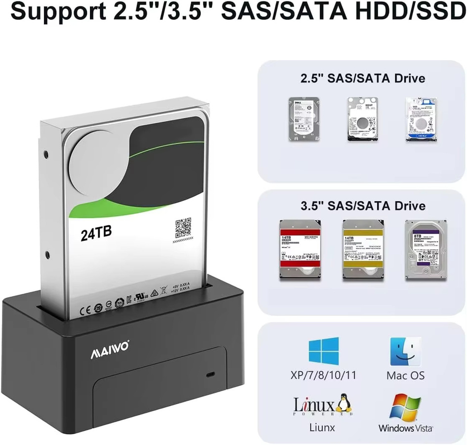 MAIWO SAS Festplatten-Dockingstation für 2,5 und 3,5 Zoll mit 5 Gbit/s, UASP, bis zu 22 TB Kapazität, SATA auf USB 3.0 Adaptergehäuse für PC - Bild 2