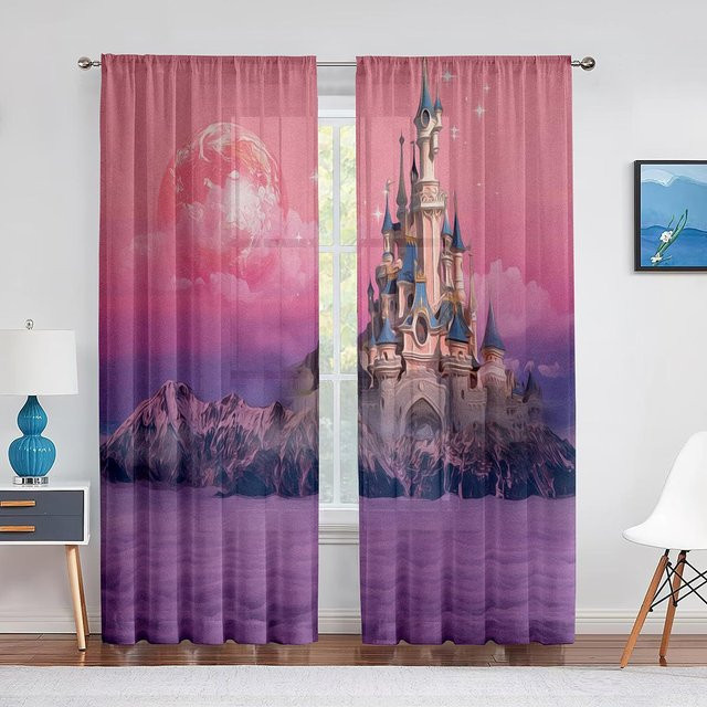 Yiran Furniture Transparente Tüllvorhänge Rosa Märchenschloss in den Wolken für Kinderzimmer und Wohnzimmer, 2er-Set, Breite: 65 cm, Höhe: 60 cm - Bild 1