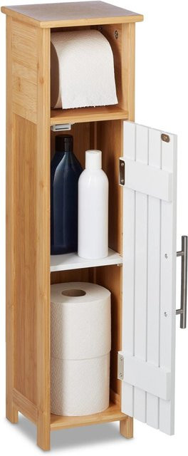 Relaxdays Toilettenpapierschrank aus MDF und Bambus in Weiß und Natur, stehend mit Magnetverschluss und höhenverstellbaren Regalböden, H: 71 cm, B: 18 cm, T: 20 cm - Bild 1