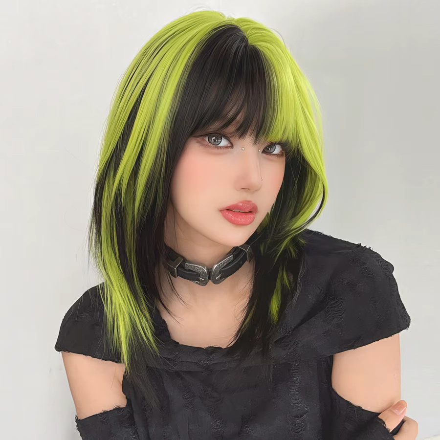 7JHH WIGS Perücke, schulterlang, glatt, schwarz-grün Ombre, Damen - Bild 2