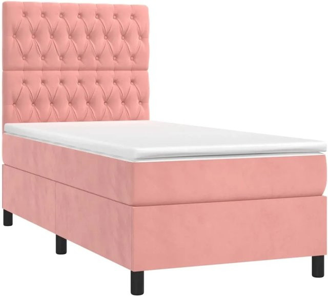 vidaXL Boxspringbett mit Matratze in Rosa, Samt, mit LED-Unterbettbeleuchtung und USB-Ladeanschluss, Hybrid-Matratze mit Taschenfederkern, B/T/H: 90 x 200 x 128 cm - Bild 1