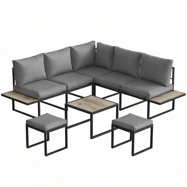 Outsunny Gartenlounge für 6 Personen, modulares Outdoor-Sofa-Set in L-Form mit Couchtisch und Holzoptik-Elementen, grau - Bild 1