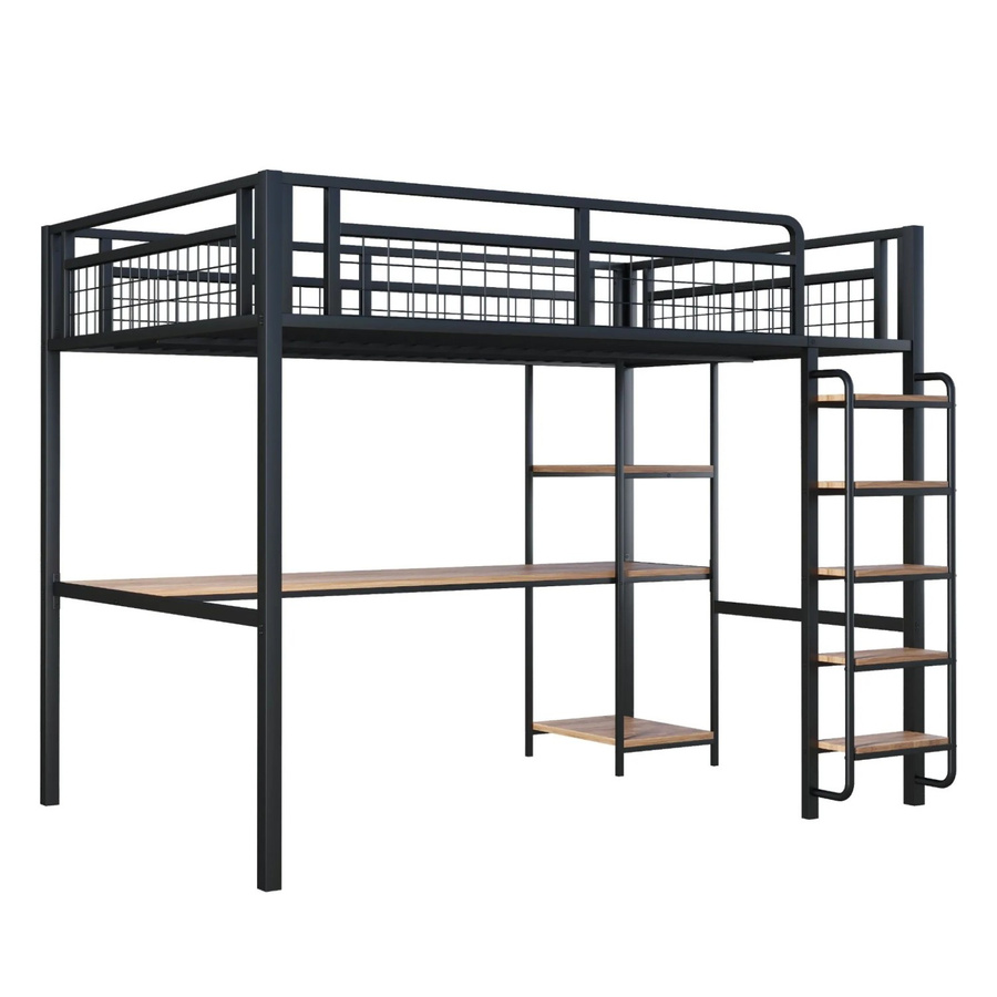 Merax Hochbett aus Metall und MDF mit Treppe, Tisch und Regal in Schwarz - Bild 2