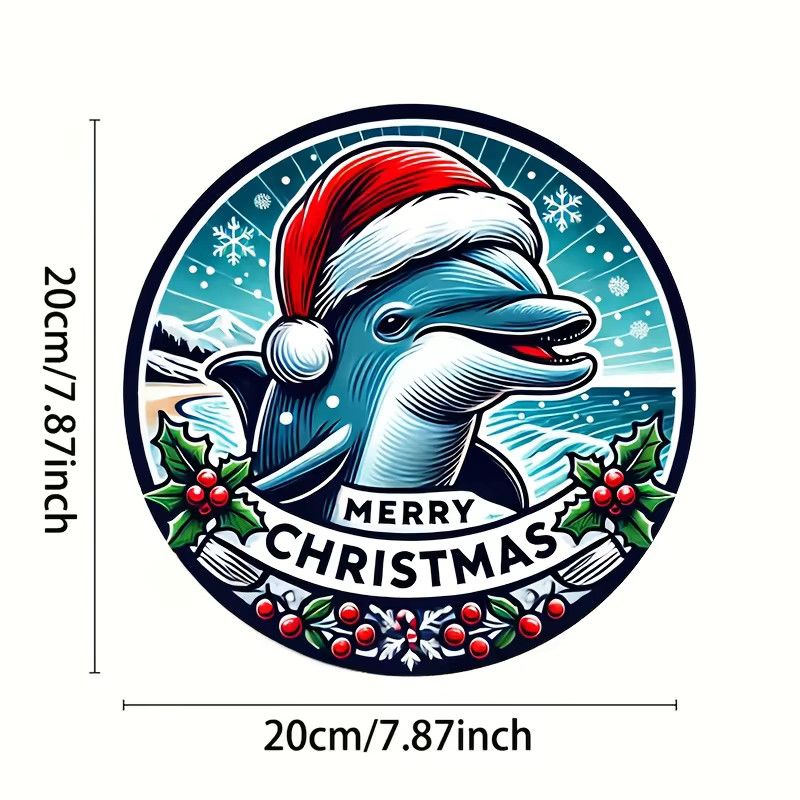 Potdemiel Rundes Aluminiumschild Merry Christmas mit Delphin Design Vintage Wanddekoration Durchmesser: 20,32 cm - Bild 2