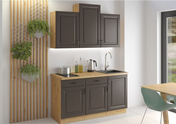 Küchenzeile Stilo Artisan 150 in Grau und Eiche, Einbauküche im Landhausstil mit mattem Holzdekor