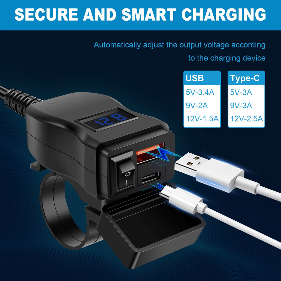 Wasserdichtes Motorrad-USB-Ladegerät mit SAE-Anschluss, Doppel-USB-Typ C PD und Quick Charge 3.0, Schwarz - Bild 4