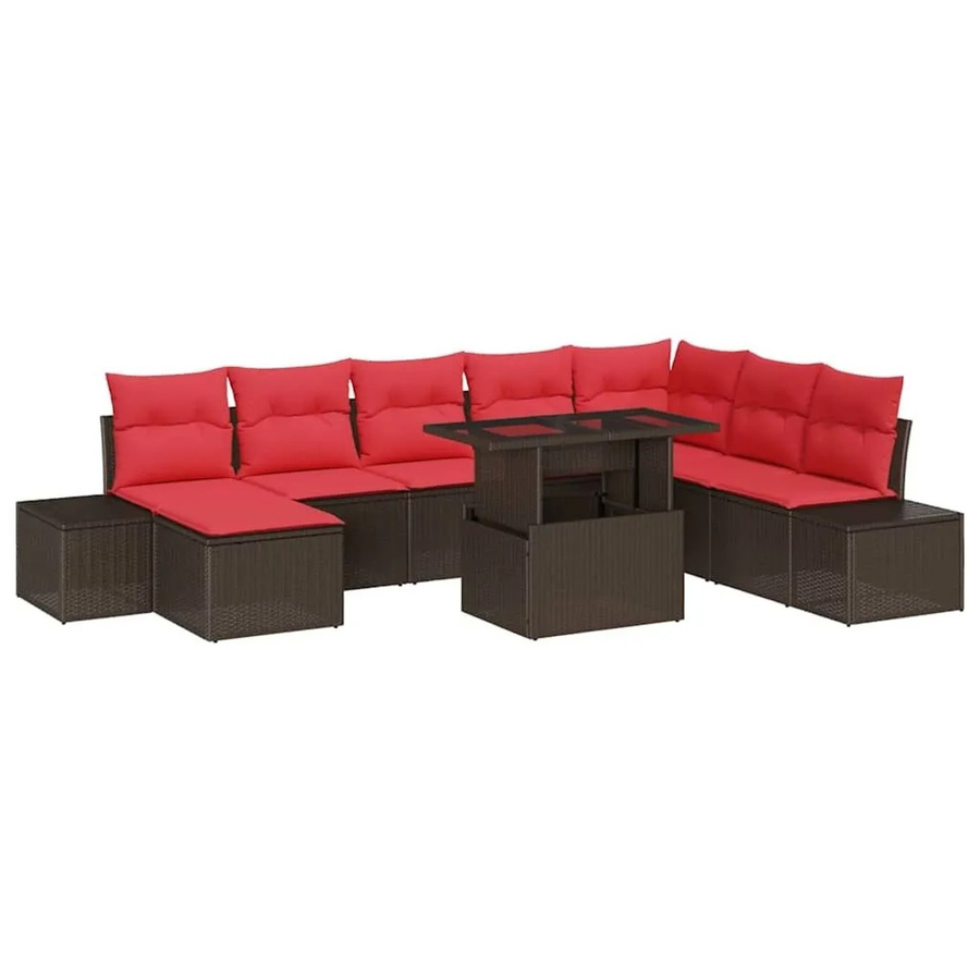 vidaXL Gartensofa-Set aus Polyrattan in L-Form mit 9 Kissen, Ottoman und Couchtisch, Braun und Rot - Bild 2