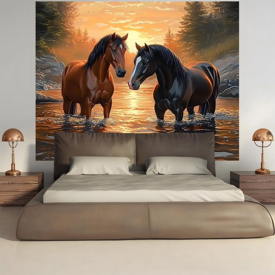 Wandteppich mit Pferde-Paar und Sonnenuntergang am Fluss von JMG Household Supplies in Hellbeige, B: 100 cm, H: 70 cm - Bild 2