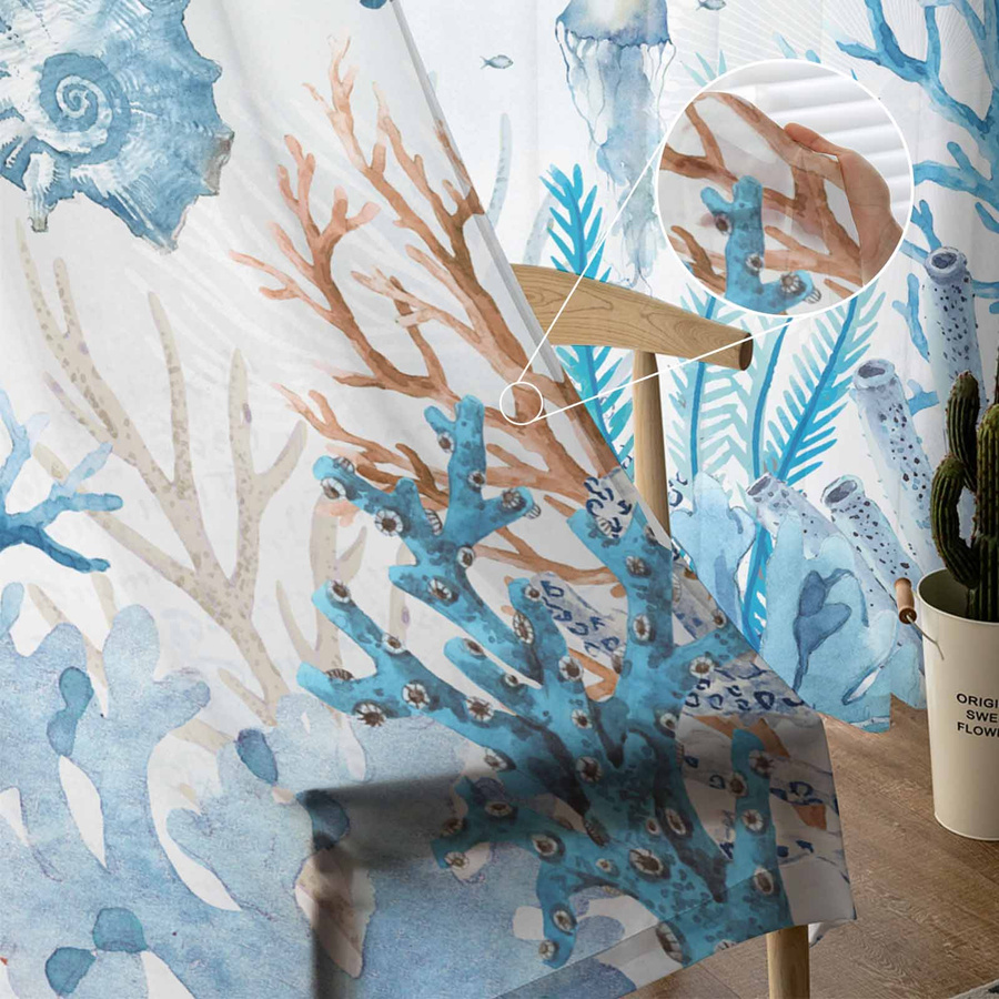 Transparente Tüll-Voile-Vorhänge mit Meeresleben-Motiv Korallen Meeresschildkröten und Seesterne, Breite: 135 cm, Höhe: 115 cm - Bild 2