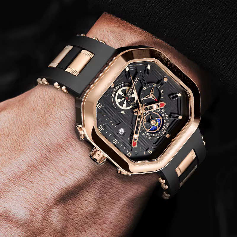 LIGE Armbanduhr Quarz, Eckig, Schwarz, Roségold, Edelstahl, Herren - Bild 6