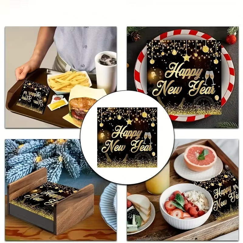 20 Stück Silvester Einwegservietten Schwarz Gold mit Frohes Neues Jahr Musterdruck für deine Party - Bild 4