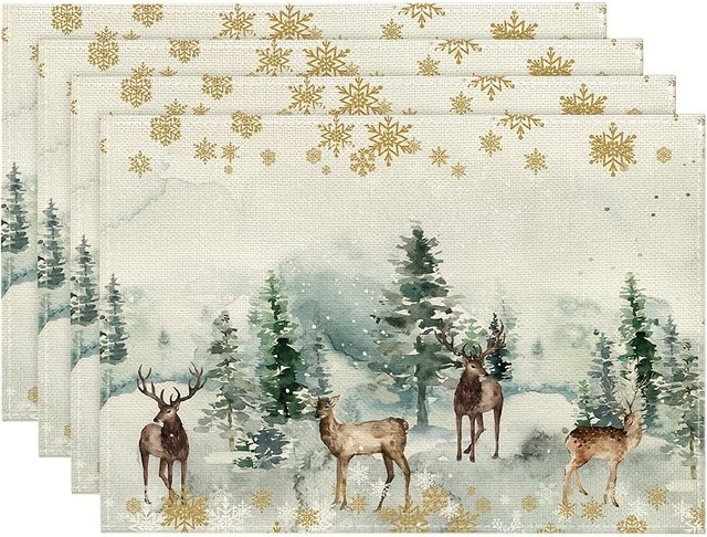 VIKAMA 4-teiliges Tischset-Set Wintersolstice mit Schneeszene und Hirschwald für deine Weihnachtsdekoration - Bild 1
