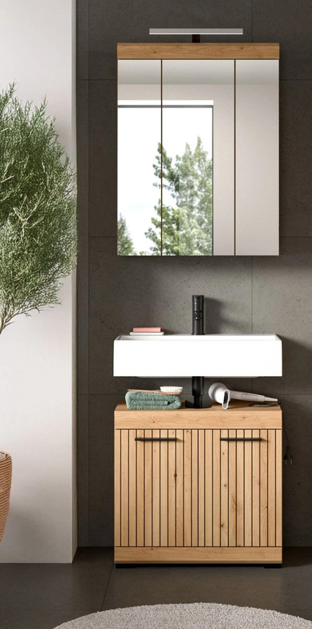 Badmöbel Set Shawn von Inn.Furn in Eiche Braun, 2-teilig mit Waschtischunterschrank und Spiegelschrank, Breite: 60 cm - Bild 3