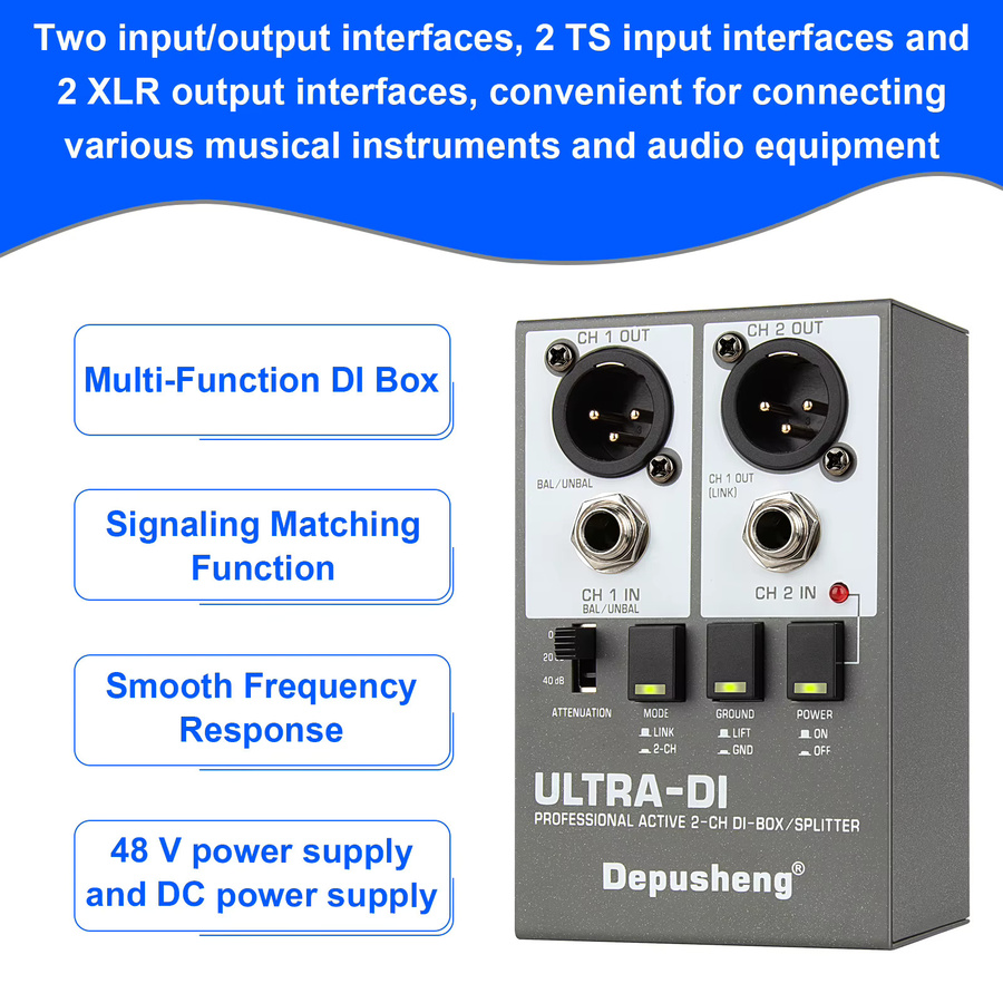 Depusheng DI Box Aktives Zweikanal-Audiosystem für E-Gitarren und Bühneninstrumente - Bild 3