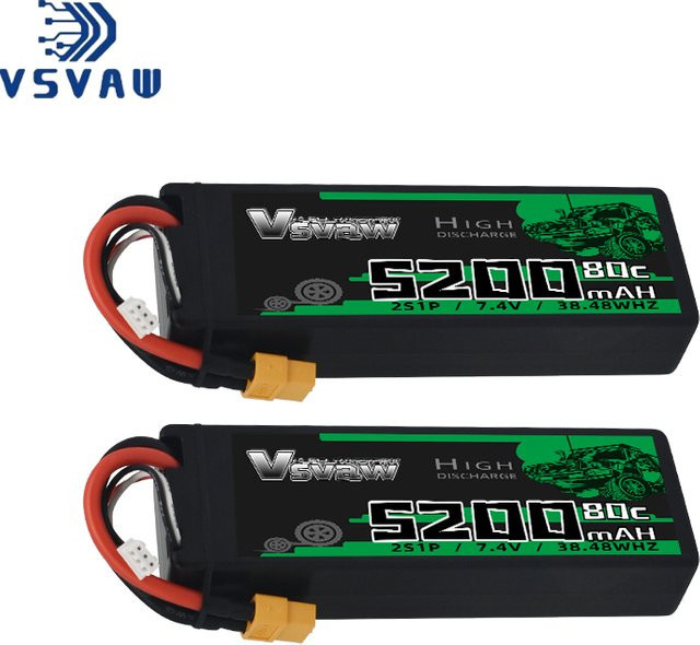 VSVAW 2S Lipo Batterie, 2-teiliges Set, 7,4 V 80C 5200mAh Hardcase T Stecker - Bild 1