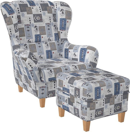 Supellex Sofia Ohrensessel mit Hocker im Patchwork-Design mit maritimen Motiven in Multicolour