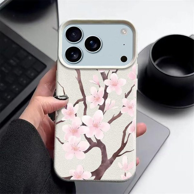 Stoßfeste Silikon Handyhülle mit Pfirsichblüten-Druck und Lederstruktur für Apple iPhone 17 Pro Max, 16, 15, 14, 13, 11 Pro Max in Multicolour - Bild 1