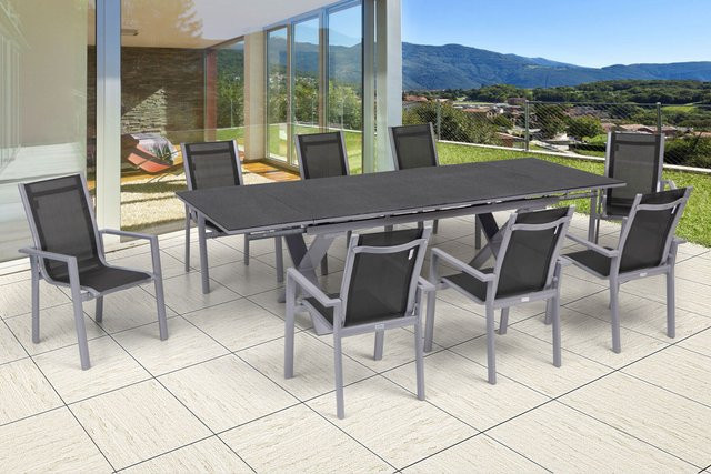 OUTFLEXX Garten-Essgruppe in Silber mit ausziehbarem Tisch und 8 Stapelsesseln aus Aluminium, Keramik und Textil - Bild 1