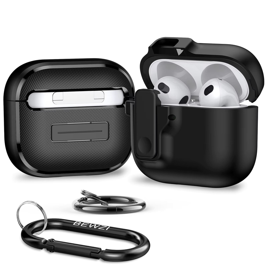 Schutzhülle für Apple AirPods 4 mit 2 Haken, Drucktastenschalter und magnetischem Pop-open-Deckel in Schwarz und Lila - Bild 6
