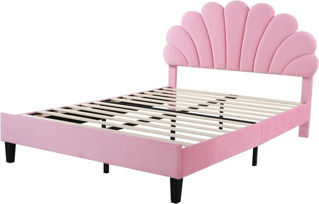okwish Polsterbett Kinderbett in Blumenform aus Samt in Hellrosa, B/T/H: 140 x 200 x 104,5 cm - Bild 1