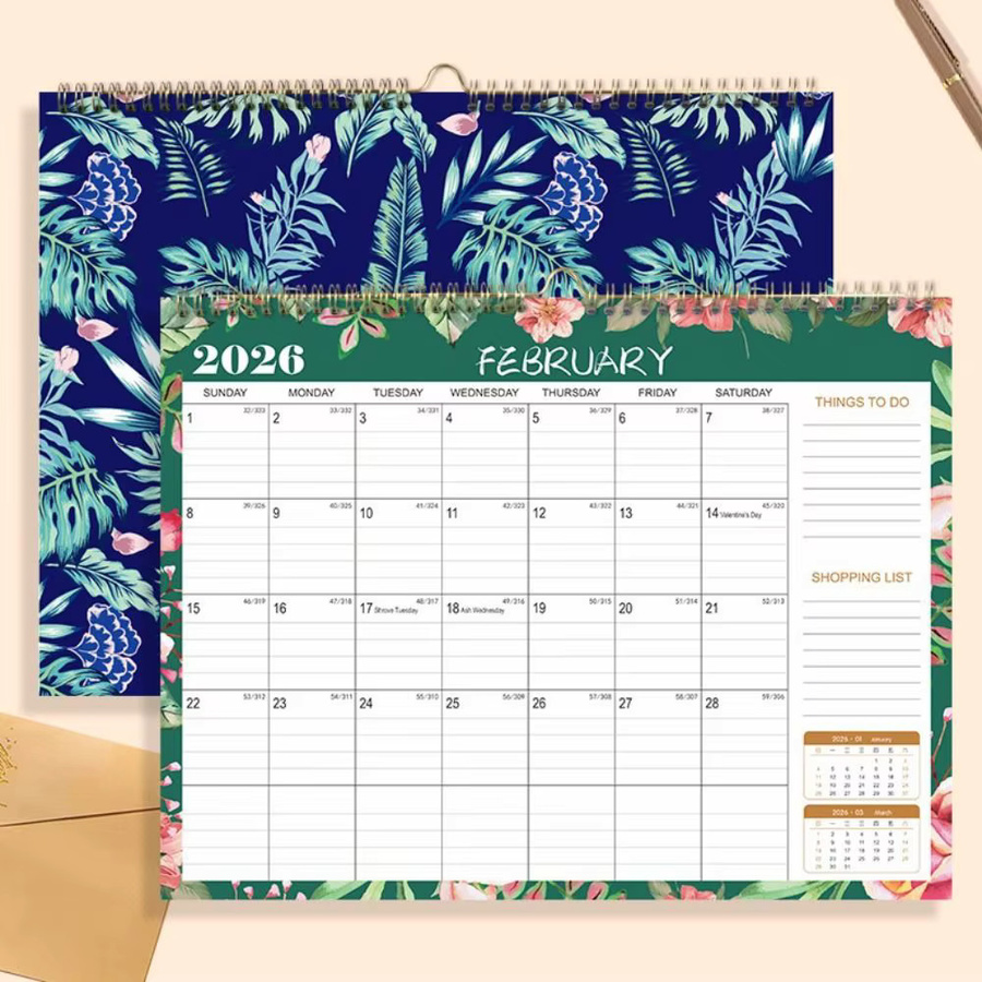 Englische Wandkalender 2026 mit Blumenmuster, Monatsplaner mit großen Datumsblöcken und dickem Papier, vertikale Anzeige, Mehrfarbig - Bild 2