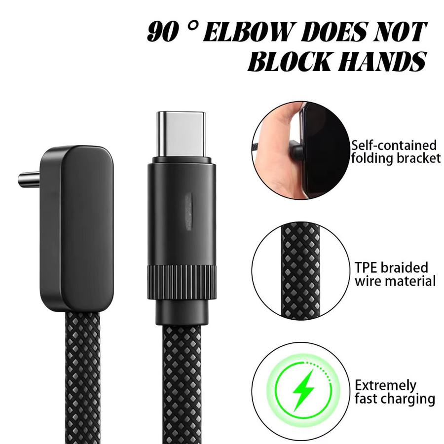 Dual-Typ-C-Ladekabel mit 90-Grad-Einzelbogen und flachem Design in Schwarz für iPhone 15 16 17 Pro Max, Samsung, Xiaomi und Huawei Android-Geräte - Bild 5