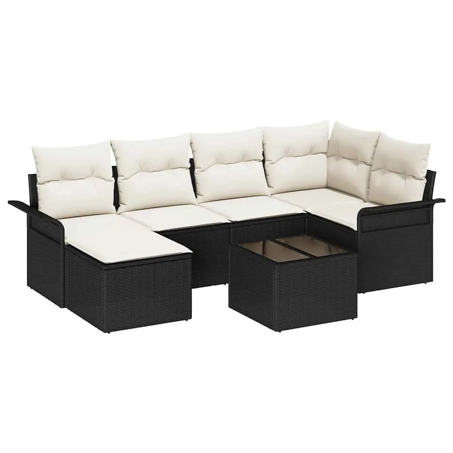 vidaXL Garten-Sofa-Set aus Polyrattan in Schwarz mit Kissen, 7-teiliges L-Shape Lounge-Set für Terrasse und Garten mit 3-Sitzer, Sessel, Ottoman und Tisch - Bild 2