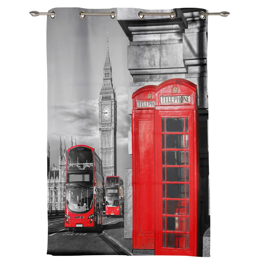 Moderne London Telefonzelle Vorhänge für Schlafzimmer, Wohnzimmer und Küche, halbtransparent, Mehrfarbig, Breite: 135 cm, Höhe: 60 cm - Bild 1