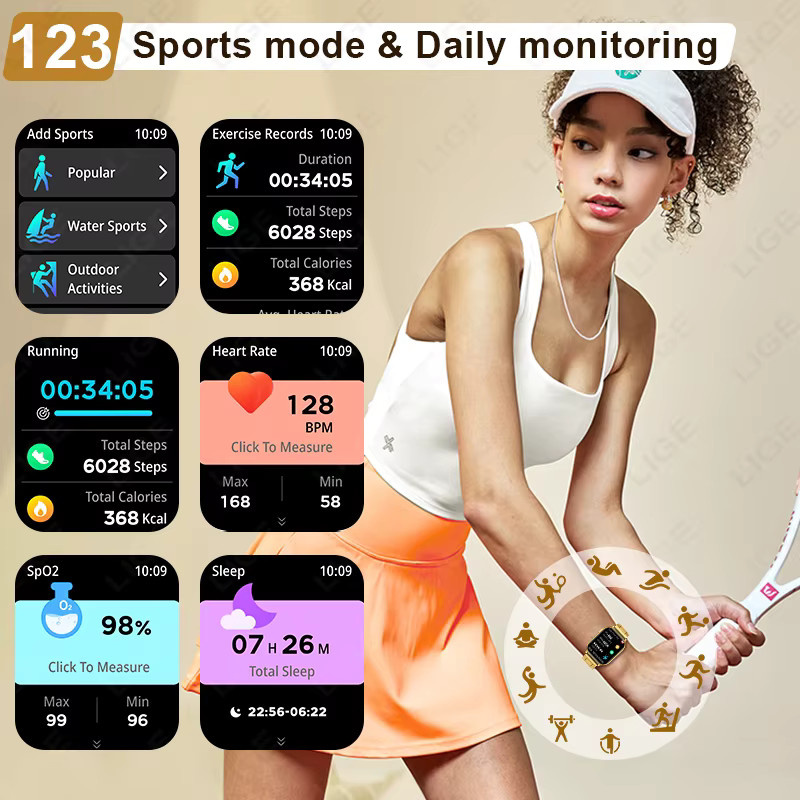 LIGE Smartwatch, Edelstahl, Schwarz, Gold, Unisex - Bild 6