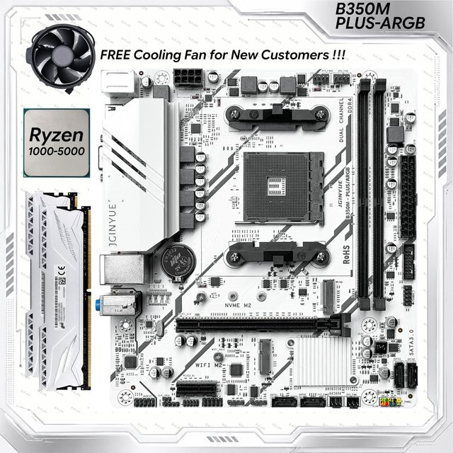 JGINYUE B350M Micro-ATX Motherboard-Set in Weiß mit AM4 Sockel, DDR4 Dual Channel Unterstützung, M.2 NVME Slot und ARGB CPU-Kühler für AMD Ryzen 3/5/7 Prozessoren - Bild 1